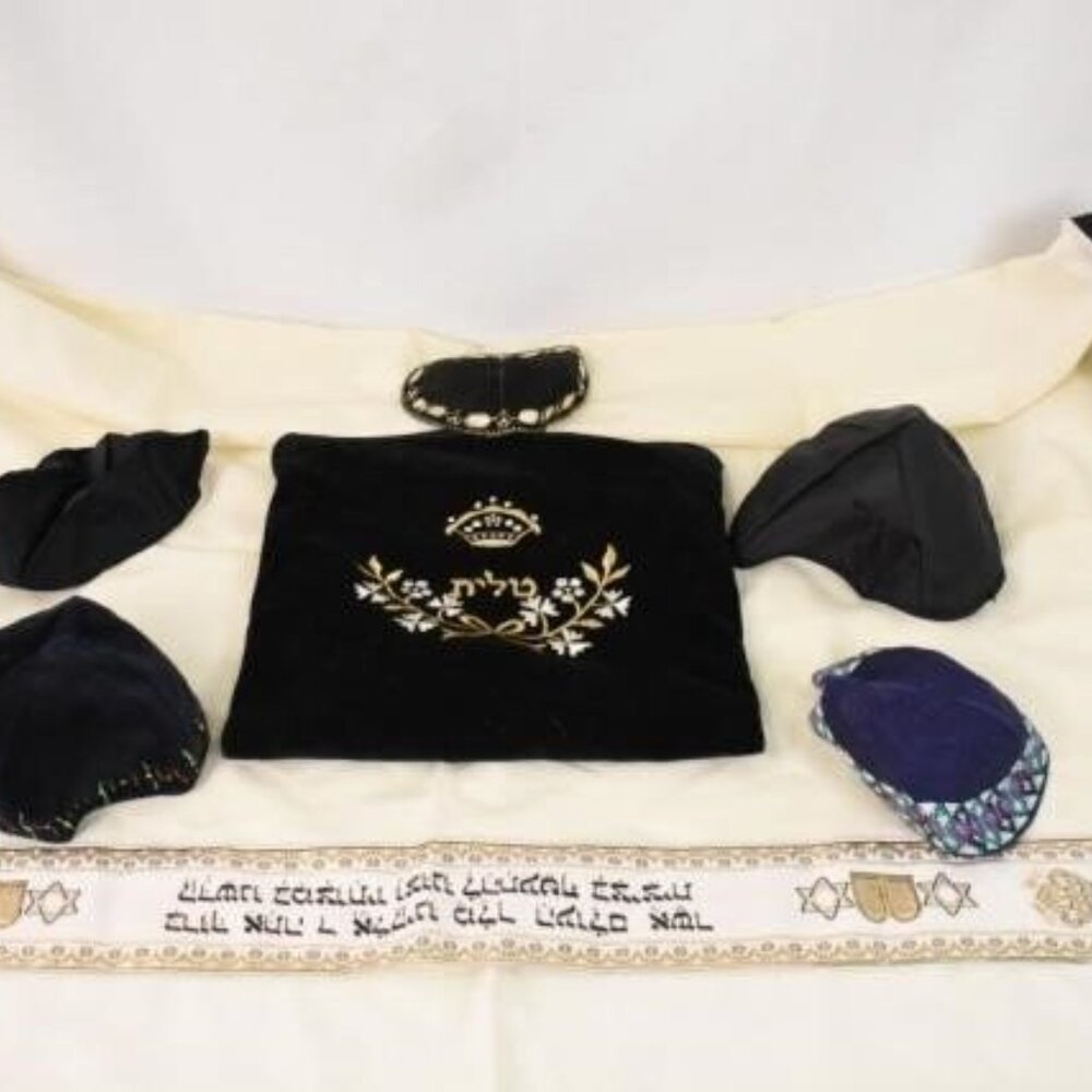 7pc WORSHIP Gown Hat KITTEL & YARMULKE Set Gartel kappel Cloth Cap Prayer